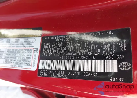 2007 Toyota Camry Le from USA, damaged, VIN 4T1BE46K37U047516